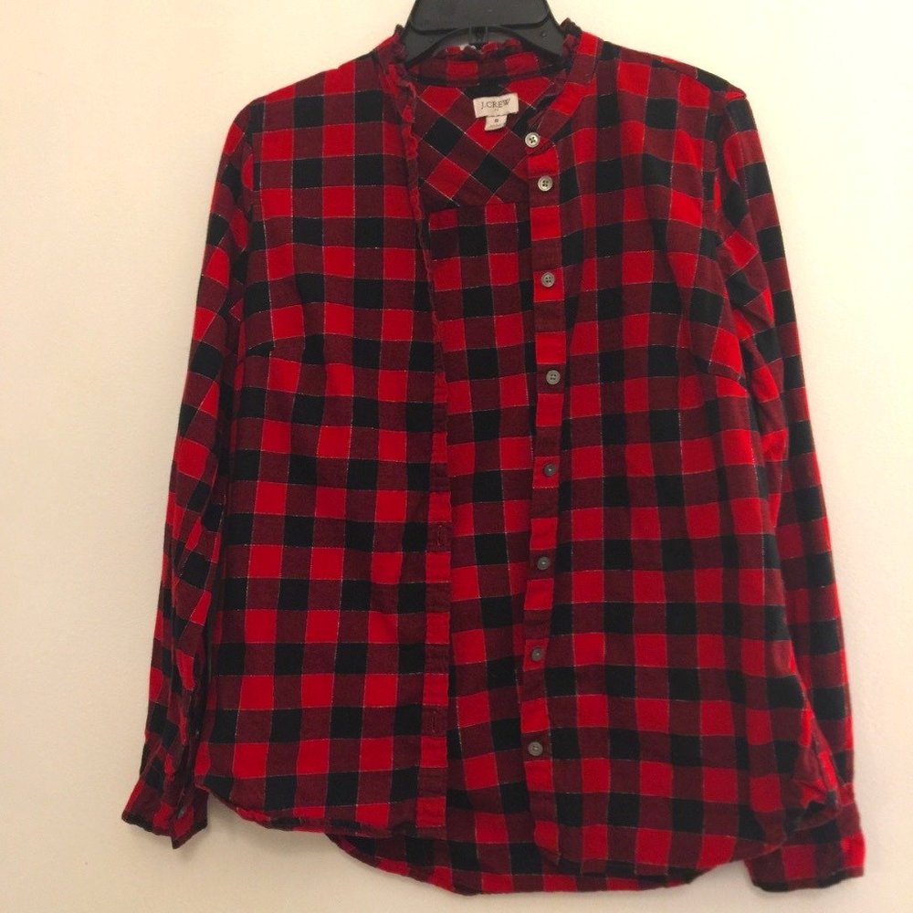 J crew women button down checkered shirt with ruffle collar